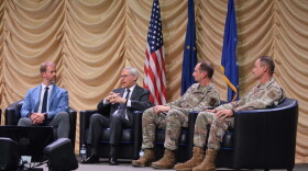 Alaska Defense Forum participants discuss community needs across Alaska and their connections to military readiness. From left to right: Fairbanks North Star Borough Mayor Grier Hopkins, Deputy Assistant Secretary of the Air Force Robert Moriarty, Eielson Air Force Base Commander Col. Matthew Johnston, and Joint Base Elmendorf-Richardson Commander Col. David Werner.