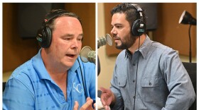  Two side-by-side pictures, the one on the left of a man, Dan Tarwater, in a light blue KC Royals polo, wearing Sony over-ear headphones and speaking into a microphone in a radio studio. On the right, another man, Johnathan Duncan, wears a light blue long-sleeve button-down chambray shirt while wearing the same headphones and also speaking into a microphone in the same radio studio, but from a different angle. 