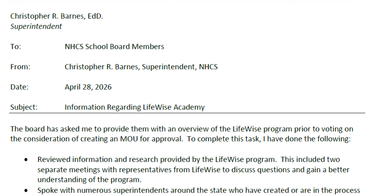 Public hearing, possible NHC school board vote to come on Lifewise Biblical education program