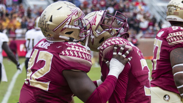 Florida State defensive back Raymond Woodie lll reacts to his interception and 51 yard return against Alabama State being called back for offensive holding in the second half of an NCAA college football game in Tallahassee, Fla., Saturday, Nov. 16, 2019. Florida State defeated Alabama State 49-12. (AP Photo/Mark Wallheiser)