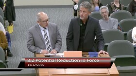 At a Pajaro Valley Unified School District Board of Trustees meeting on Wednesday, Nov 12., district officials (PVUSD Chief Business Officer Gerardo Castollo (L) and Assistant Superintendent of Human Resources Kit Bragg) said declining enrollment and financial constraints have created the need for the staff reductions.