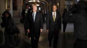 Tennessee Gov. Phil Bredesen, left, and Gov.-elect Bill Haslam walk to a news conference in the Capitol on Wednesday, Nov. 3, 2010, in Nashville, Tenn. (Mark Humphrey/AP)