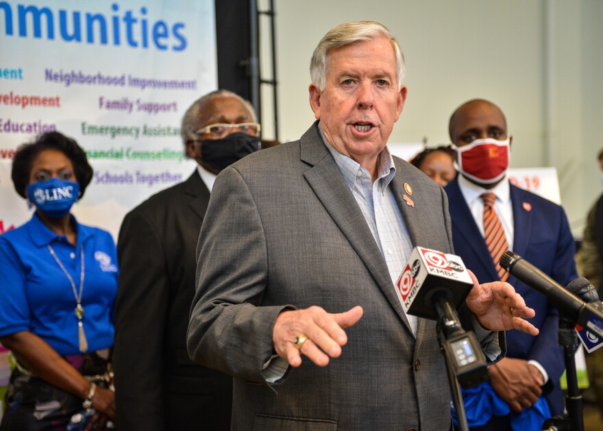  Gov. Mike Parson speaks at Morning Star Missionary Baptist Church in April, where COVID-19 vaccinations were being administered.