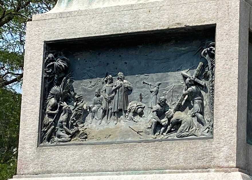 Panels such as this one that show Native Americans bowing or subservient to Columbus and other travelers have drawn criticism and would likely be removed whatever happens to the monument in the future.