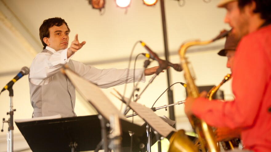 Darcy James Argue leads his Secret Society big band at the 2010 Newport Jazz Festival.