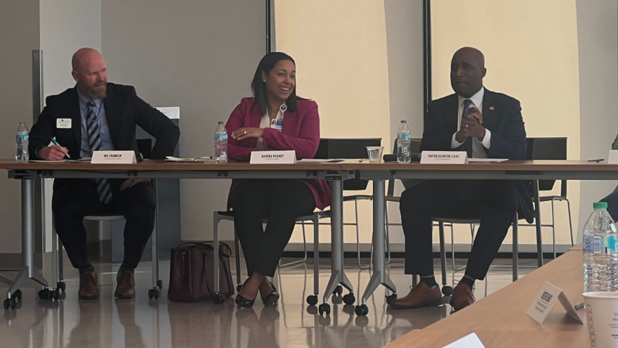 Wil Franklin, CEO of KC Care, Kamera Meaney, chief health policy and government relations officer at University Health, and Kansas City Mayor Quinton Lucas participated in the discussion held at the Samuel U. Rodgers Health Center.