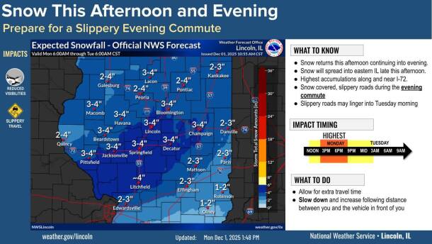 A National Weather Service map shows anticipated snowfall totals by Tuesday morning, Dec. 2.