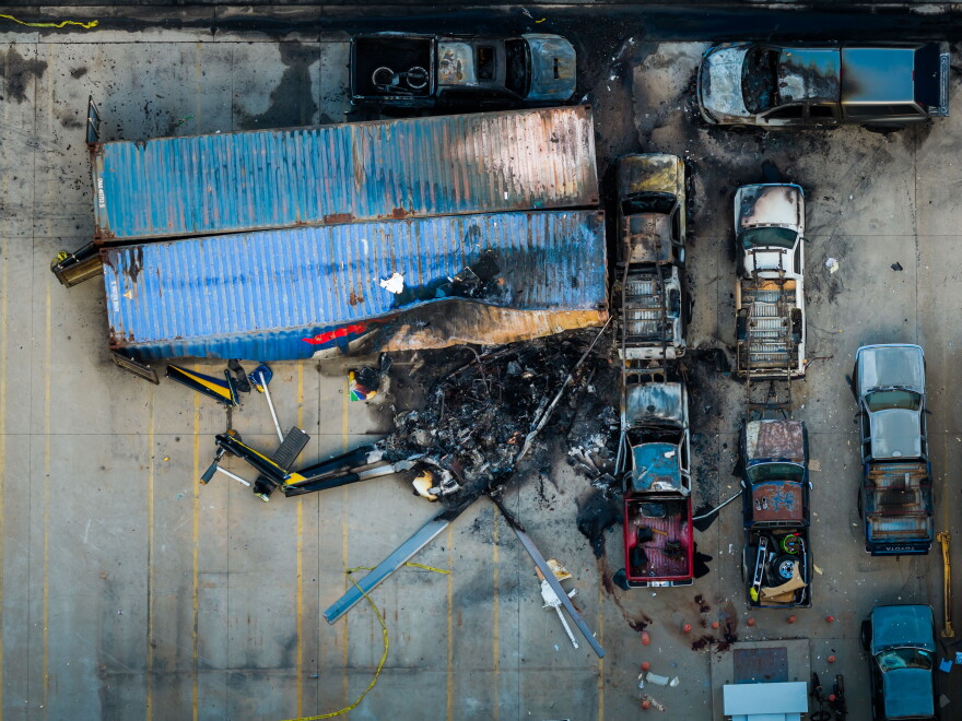 An aerial view of the aftermath of a news helicopter that crashed in Chatsworth, a neighborhood in Los Angeles, Wednesday, Sept. 16, 2026. (AP Photo/Ethan Swope)