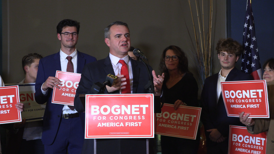 Republican candidate for Congress Jim Bognet addresses supporters and family on election night.