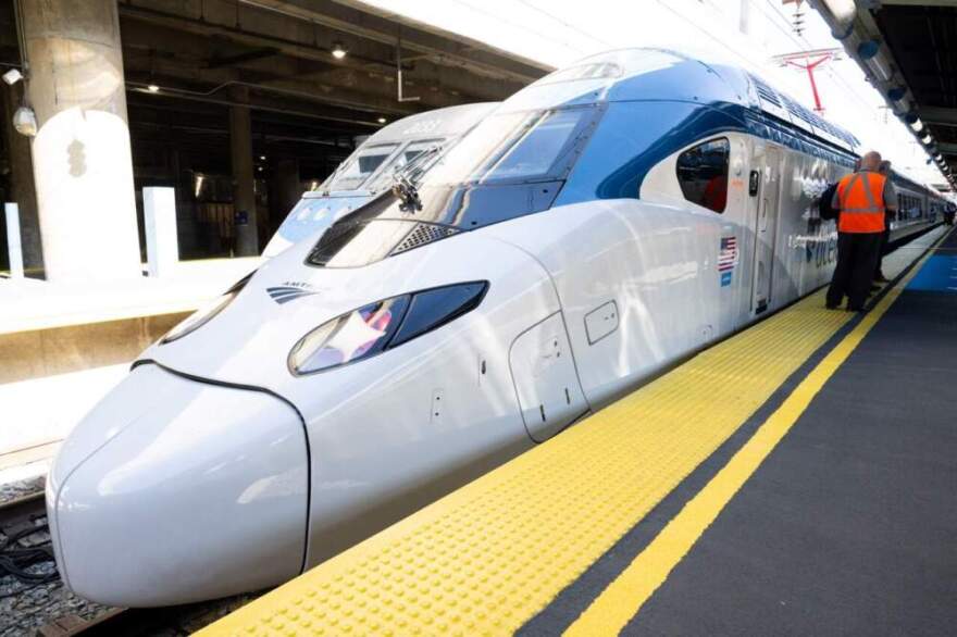 An Amtrak NextGen Acela, an all-new high speed train running between Washington, DC, and Boston, is seen at Union Station in Washington, DC (Saul Loeb/AFP via Getty)