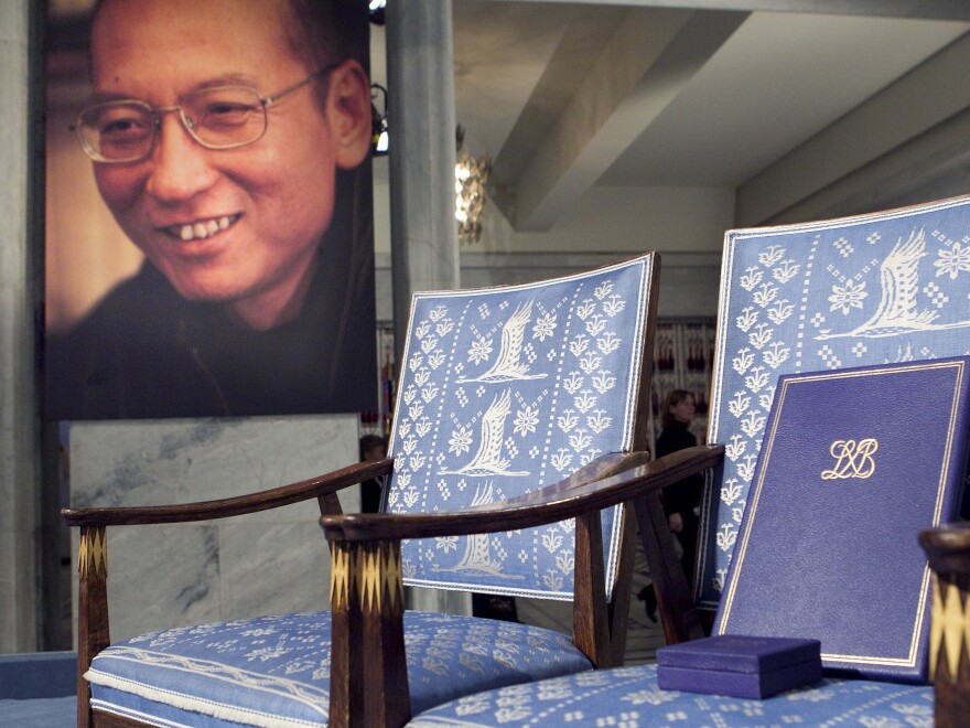 A chair sat empty for Nobel Peace Prize winner Liu Xiaobo in Oslo, Norway, in 2010. The rights activist was imprisoned in China in 2009.