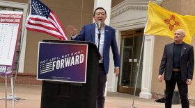 Former presidential candidate Andrew Yang and state NM Forward Party Chair Bob Perls stood outside the Roundhouse on April 10, 2026, to announce the creation of the New Mexico Forward Party.