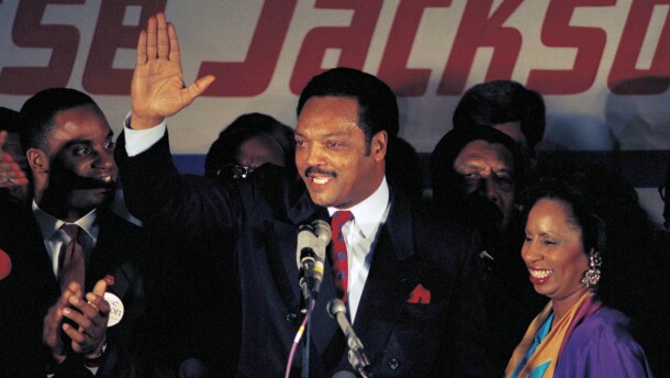 FILE - Jesse Jackson, with his wife Jacqueline, concedes defeat in the Illinois Democratic primary on March 16, 1988, in Chicago.