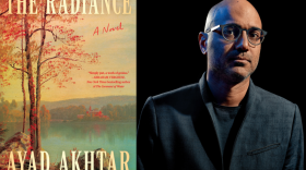 The cover of "The Radiance" beside author Ayad Akhtar. (Courtesy of Vincent Tullo)