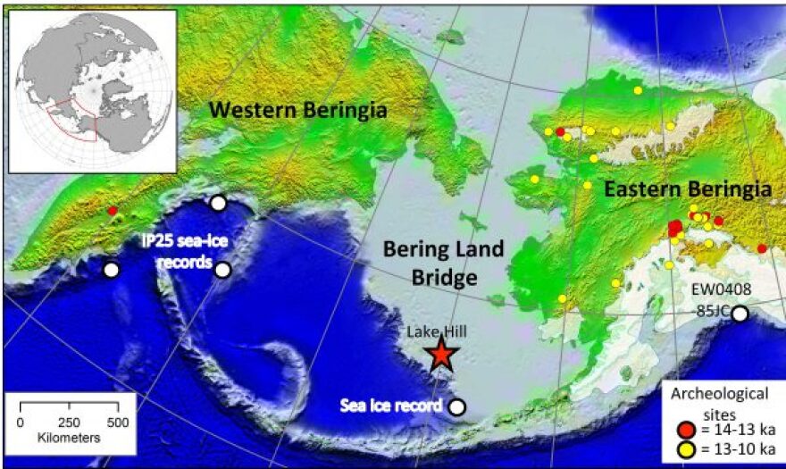 Lake Hill on St. Paul Island, where a UAF-led team collected a sediment core, is located in the former Bering Land Bridge, delineated in gray on the map. Organisms preserved in the core showed that the area’s climate warmed and grew wetter about 15,000 years ago, likely encouraging human migration across the land bridge. (Image courtesy of Royal Society Open Science)