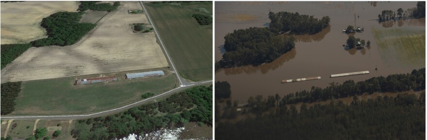 Aerial shots of a poultry farm near the Neuse River, in North Carolina, before and during flooding.