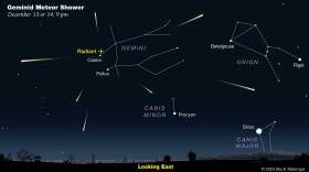 The Geminid meteor shower will be at peak visibility Wednesday and Thursday night. (Courtesy of Sky & Telescope Magazine)