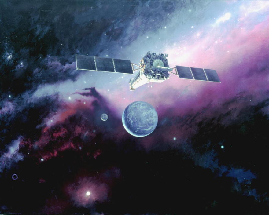 An artist illustration of the Chandra spacecraft in orbit.