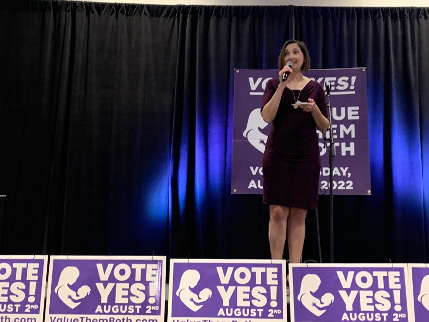 Danielle Underwood of the Value Them Both coalition speaks at an election night watch party in Overland Park.