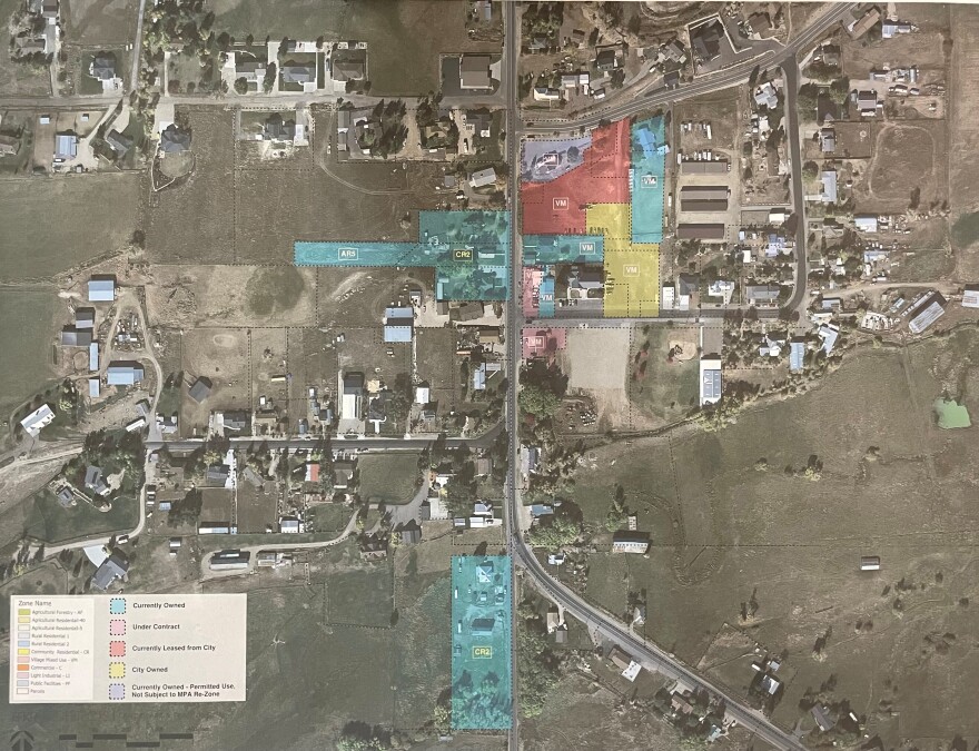 This map from April 2023 shows land Steve Smith owns or is renting. The city's land is in yellow, and in the proposed land swap, would be swapped for the pink, where the park and town square would go. Dutch's would go on the three lots across the road, and the parcel down Millrace would feature a restaurant that incorporates the barn there into its architecture.