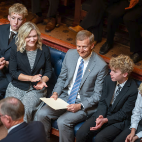 Michael Menssen with his family in the Senate Chamber as he's confirmed to the Utah Supreme Court, at the Utah Capitol in Salt Lake City on Wednesday, Sept. 16, 2026.