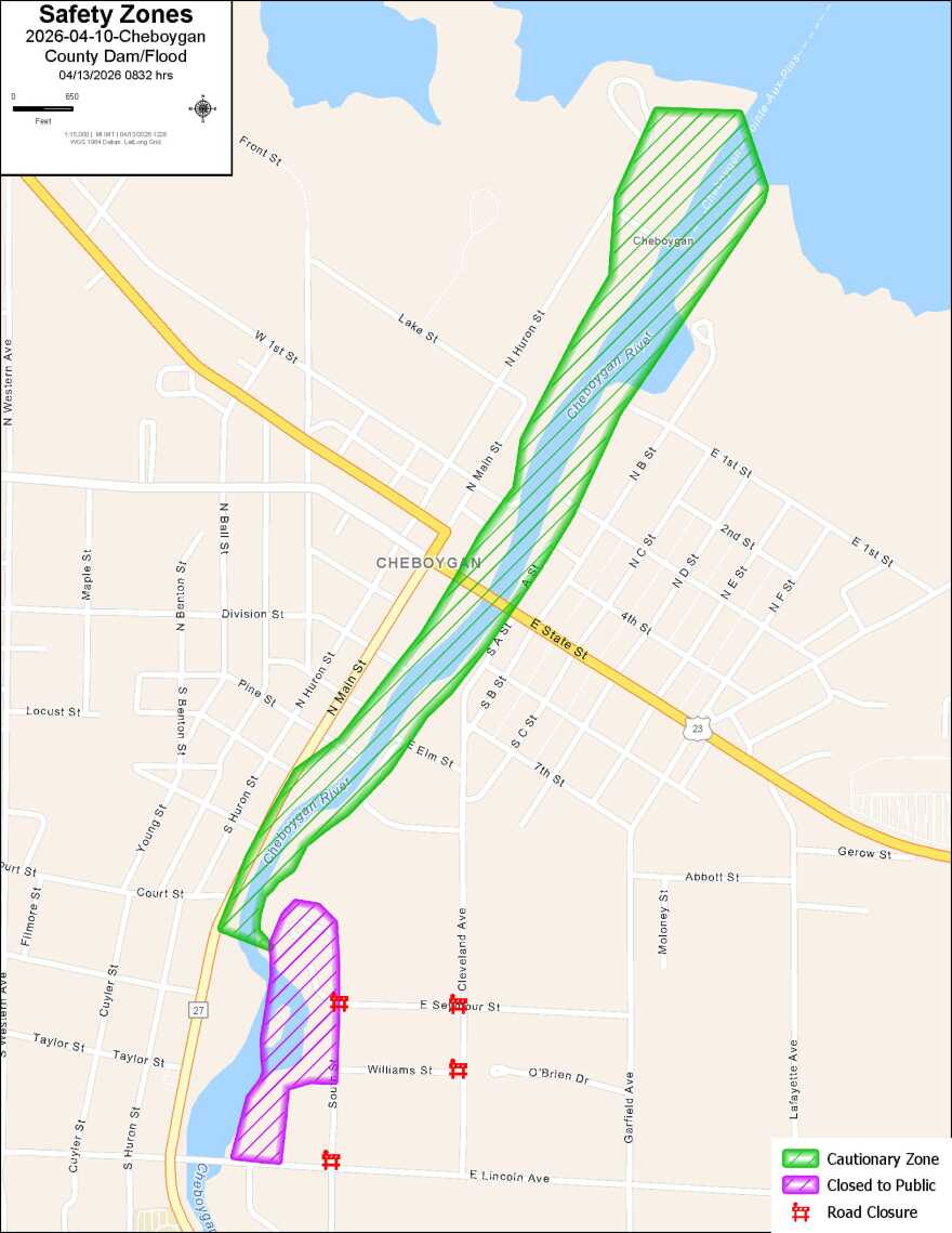 Predicted flood map in Cheboygan, courtesy of the Michigan State Police. The area in purple is already closed to the public. The area in green is the target area for potential flooding as of 4:30p.m. on April 13. The public is being urged to avoid the zone in green and community members living within this area should be prepared with a go bag and secure valuables. The map will be updated here as the situation evolves.