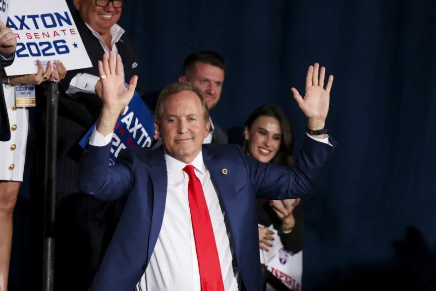 Texas Attorney General Ken Paxton, a candidate for U.S. Senate, gestures to the crowd at his Election Night watch party on March 3, 2026.