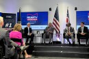 Gov. Mike DeWine (left), Lt. Gov. Jim Tressel (center-left), Ohio State University President Ravi Bellamkonda (center-right) and Columbus State Community College President David Harrison (right) in August 2026.
