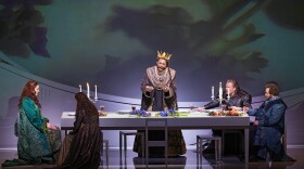 Lisa Davidsen as Isolde: Ekaterina Gubanova (back to camera) as Brangäne: Ryan Speedo Green as King Marke: Tomasz Konieczny as Kurwenal: and Michael Spyres as Tristan in Wagner's "Tristan und Isolde."