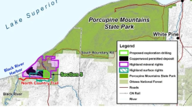 This map shows the proposed Copperwood Mine, the Porcupine Mountains and Lake Superior, along with the North Country Trail. (Courtesy of Protect the Porkies via Bridge Michigan)