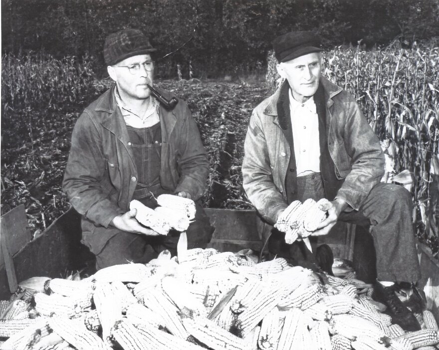 Two men sit in an old corn picker surrounded by corn cobs.