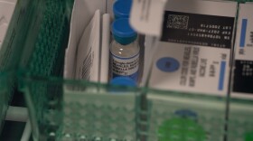 Vials of the combination measles, mumps and rubella vaccine are seen in a fridge.