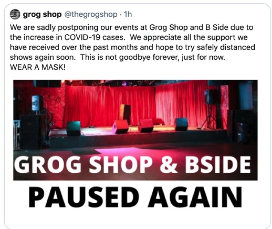 The Grog Shop in Cleveland Heights tweeted Wednesday that it is pausing live shows as coronavirus cases spike