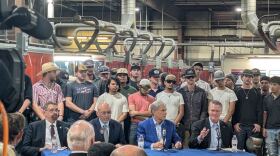Gov. Abbott toured the Automotive Technology and Welding Facility on the South Plains College campus in Levelland. (seated left to right) Robert Mele, Teamsters 988 president and Texas Jobs Council member; Ray Martinez, President and CEO of Texas Association of Community Colleges; Gov. Greg Abbott; Robin Satterwhite, President of South Plains College. April 14, 2026.