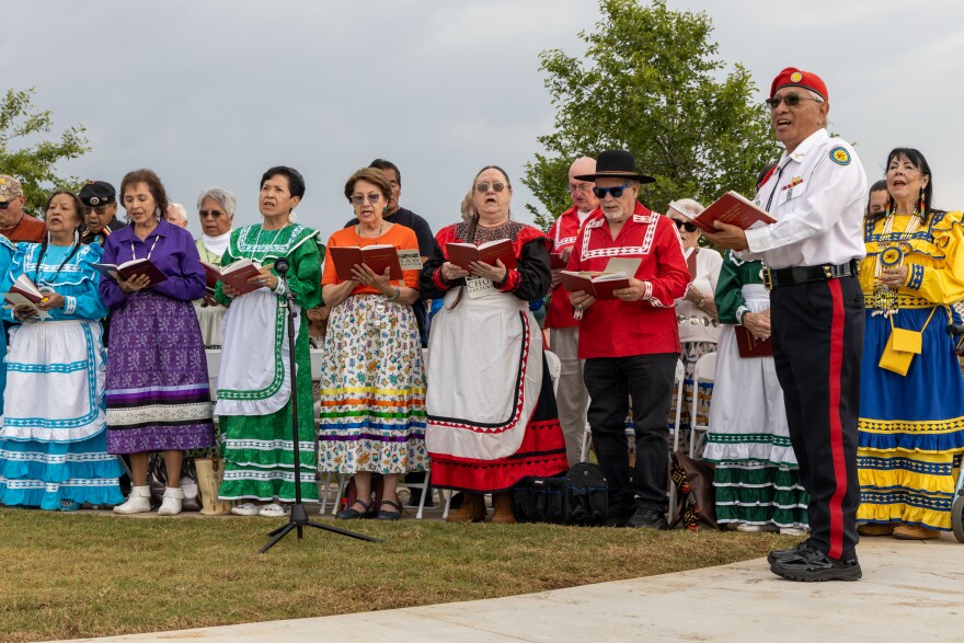 Choctaw singers perform at a dedication ceremony for the new Code Talker Memorial in Calera.