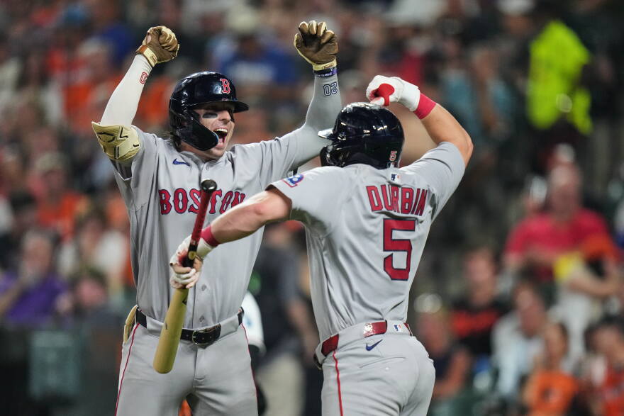 Boston Red Sox' Nick Sogard, left, celebrates with Caleb Durbin (5) after hitting a two-run home run during the eighth inning of a baseball game against the Baltimore Orioles, Thursday, Sept. 3, 2026, in Baltimore. Credit: Stephanie Scarbrough/AP Photo