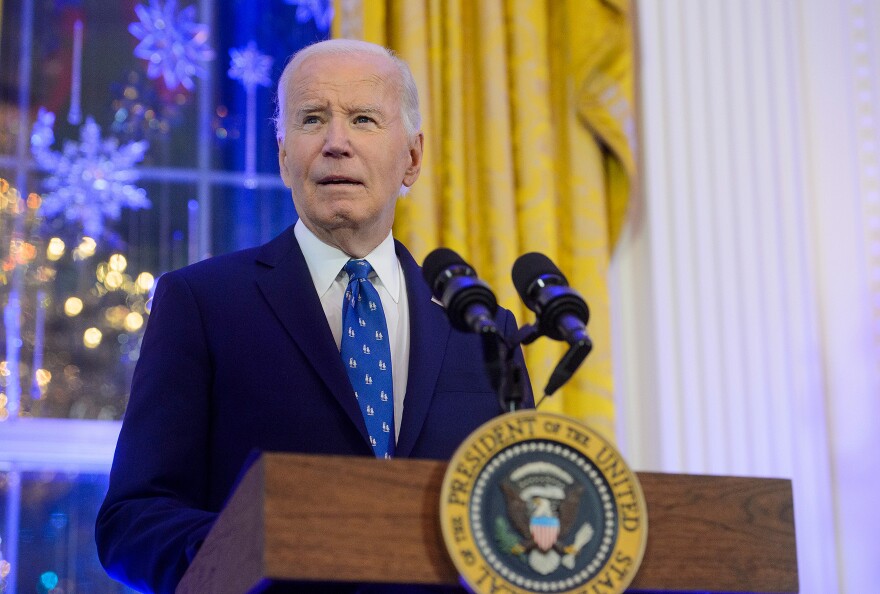 President Joe Biden speaks during a Hanukkah reception at the White House.