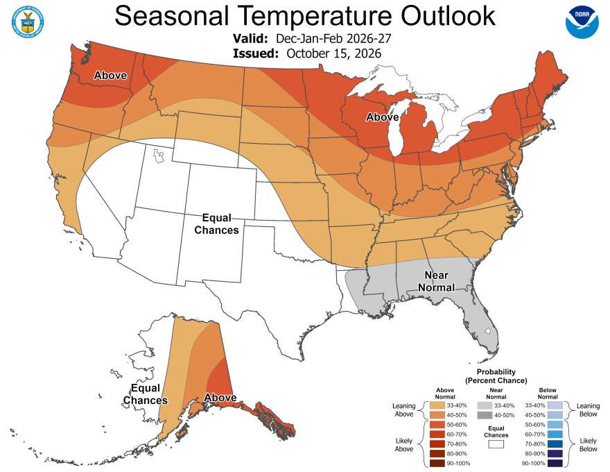 The 2026-2027 U.S. Winter Outlook map for temperature shows the greatest chances for warmer-than-average conditions in the Pacific Northwest, Northern Rockies, Midwest, Mississippi Valley, much of the East and Alaska. (Image credit: NOAA, released October 15, 2026.