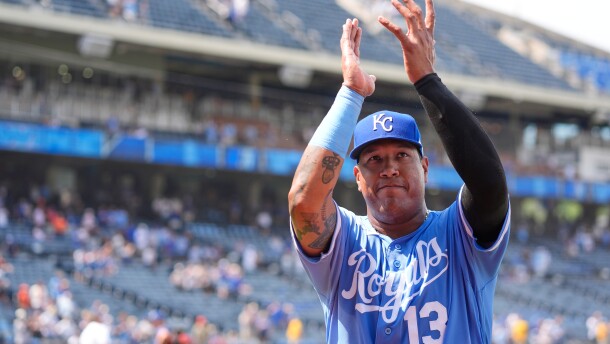 Kansas City Royals' Salvador Perez acknowledges the crowd after a baseball game against the San Francisco Giants, Wednesday, July 22, 2026, in Kansas City, Missouri.