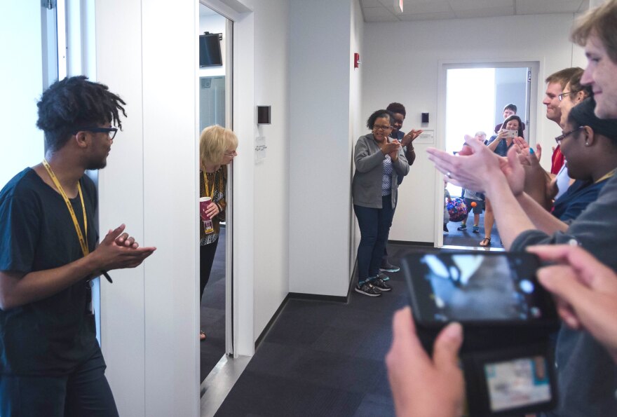 St. Louis Public Radio staff surprised Mary Edwards after her final broadcast as executive producer of “St. Louis on the Air.”