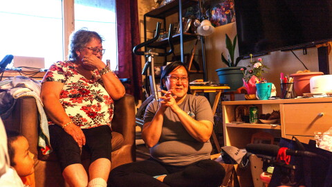 Marie White and her daughter Patricia Twitchell, who evacuated to Bethel from Kwigillingok after ex-typhoon Halong, share about their experiences in Bethel on Oct. 1, 2026.