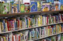 Books sit on shelves in an elementary school library.