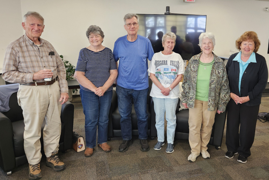 Some of the regulars at the French language practice group in Berlin. From left : Rick Alger, Sharon Stephenson, Jerry Riendeau, Dot Riendeau, Jackie Gagne, and Elaine Ruel. They say speaking French is a way to keep their French-Canadian heritage alive and well.