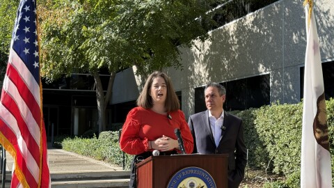 Covered California Executive Director Jessica Altman and Rep. Pete Aguilar (CA-33) at a press conference in San Bernardino.