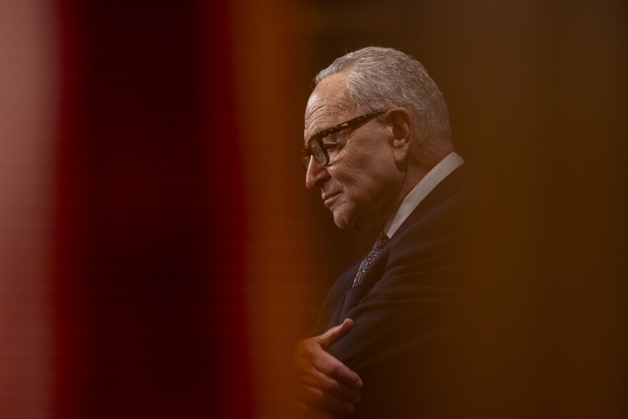 US Senate Minority Leader Charles Schumer (D–N.Y.) is photographed at a news conference in the US Capitol in Washington, DC on Tuesday, September 30, 2025.