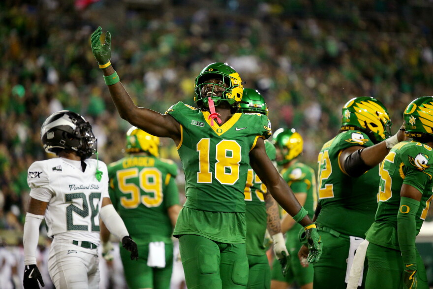Oregon tight end Kendre Harrison (18) celebrates a touchdown during the first half of an NCAA college football game against Portland State, Friday, Sept. 18, 2026, in Eugene, Ore. 
