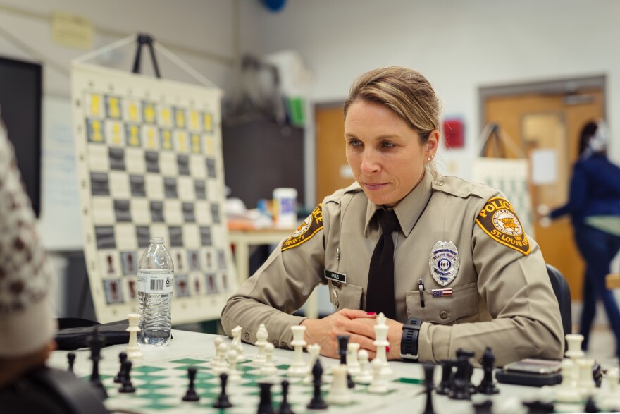 Officer Tracy Panus deliberating on a move during the Gateway Middle School event on Feb. 26, 2020.