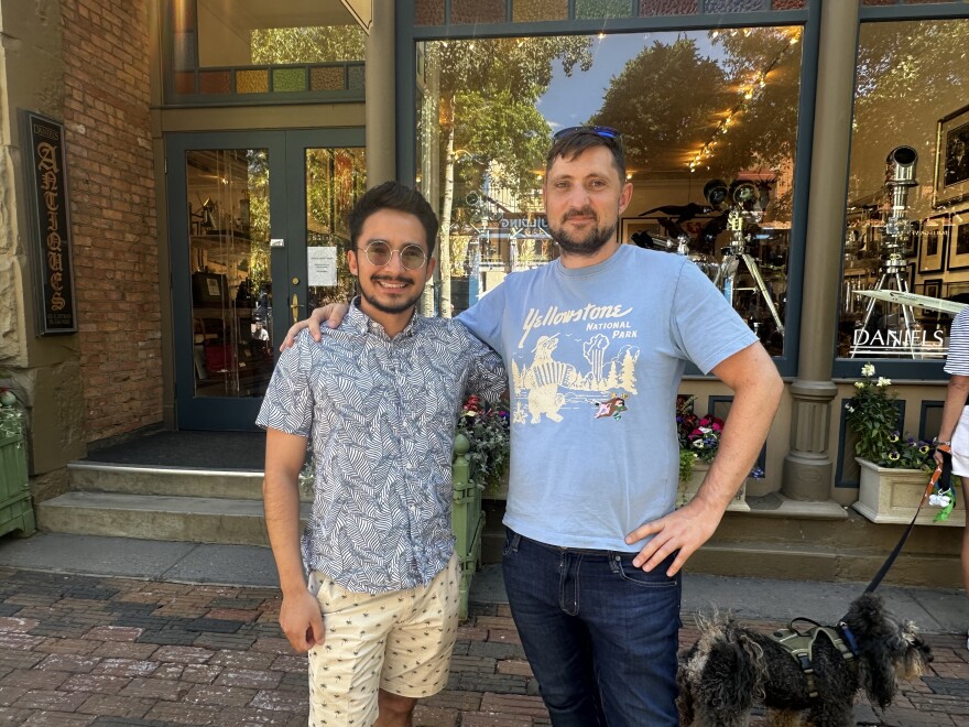 Nestor Alvarado (left) and Andre Popov explore one of Aspen’s pedestrian malls on July 4, 2024. They’re celebrating the Fourth of July for the first time.