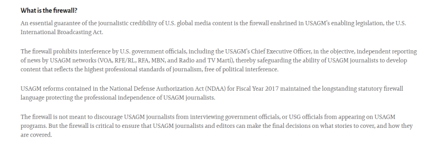 On its own website, the U.S. Agency for Global Media says a "firewall" protects the Voice of America's coverage from political interference — even from the agency's CEO.