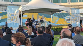 Gov. John Bel Edwards delivers his annual State of the State Address at Southern University's A.W. Mumford Stadium in Baton Rouge, LA. April 12, 2021.